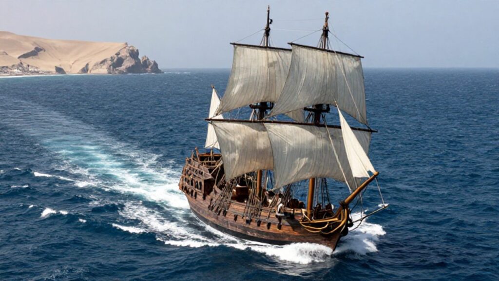 Un galeón español del siglo XVI navega por las agitadas aguas del océano Pacífico frente a la costa árida del Perú.