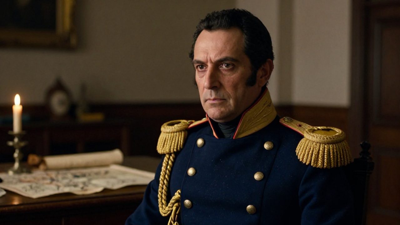 Retrato de Simón Bolívar con uniforme militar azul y detalles dorados, con una expresión decidida sobre un fondo de un despacho colonial con mapas.