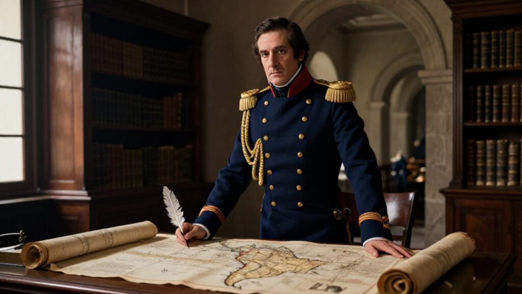 Simón Bolívar con uniforme militar analiza mapas del continente sudamericano sobre un escritorio de madera en un estudio colonial.