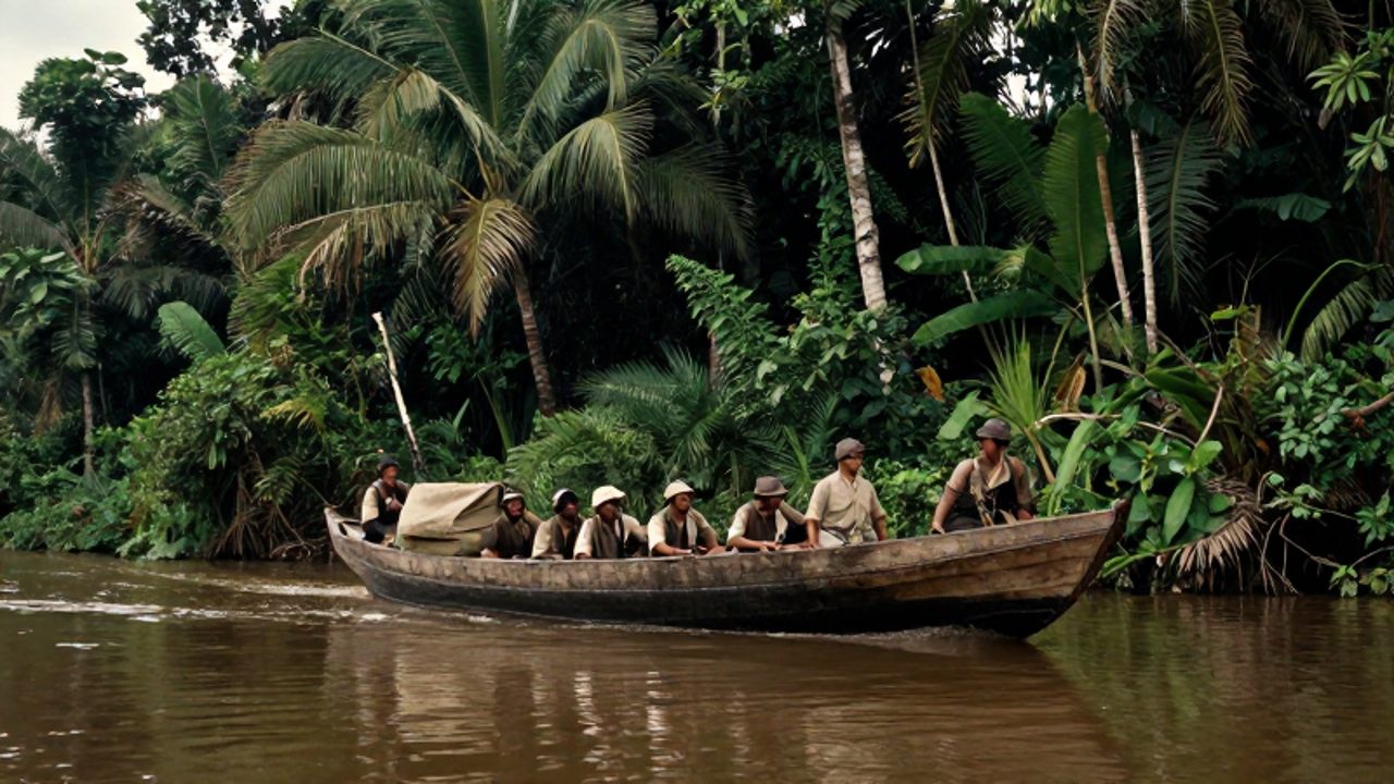 Soldados a principios del siglo XX viajan en un barco de madera cargado de suministros por un río selvático rodeado de densa vegetación amazónica.