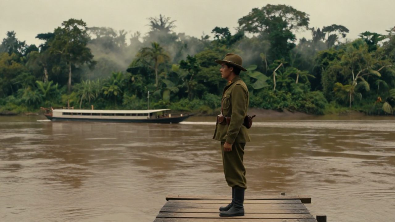 Soldado peruano de principios del siglo XX contempla el río Amazonas desde un muelle de madera con un vapor navegando al fondo.