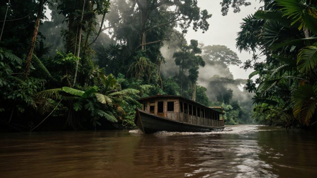 Un barco de patrulla militar de madera de los años 30 navega por un estrecho afluente de la selva amazónica bajo un cielo nublado.