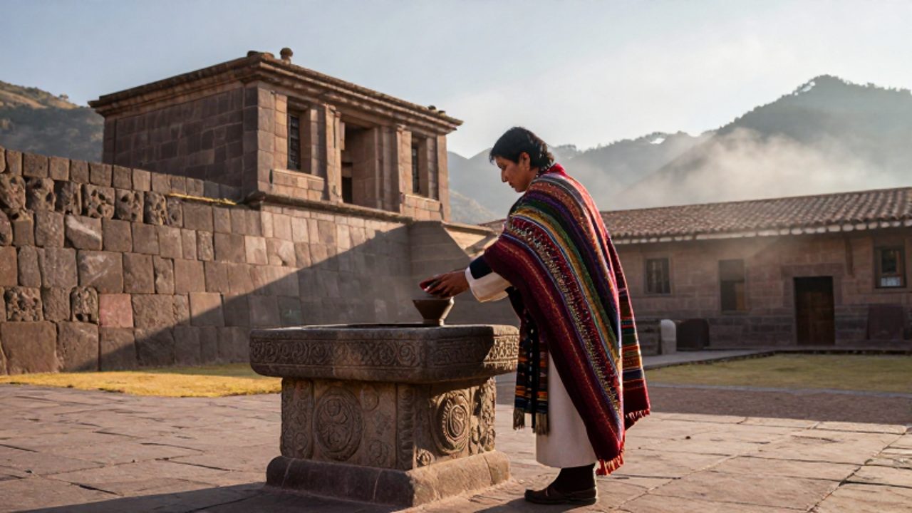 Un sacerdote inca realiza una libación con un recipiente de cerámica frente a un altar de piedra en un patio sagrado de Cusco al amanecer.