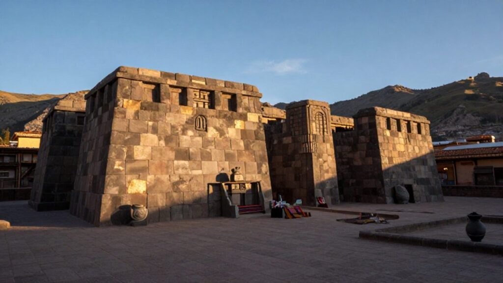 Muros de piedra perfectamente ensamblados del templo Coricancha bajo la luz dorada del atardecer, con textiles y cerámicas ceremoniales en una plaza frente a las montañas andinas.