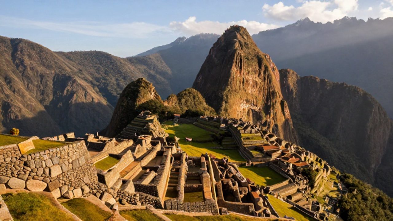 Paisaje andino que muestra la diversidad de los territorios incas, con muros de piedra en primer plano, valles verdes y montañas bajo la luz del amanecer.