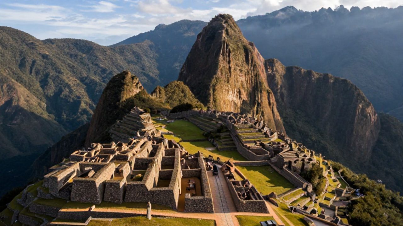 Vista aérea de un centro administrativo inca con una plaza central de piedra de la que parten cuatro caminos hacia distintas direcciones entre montañas y terrazas agrícolas.