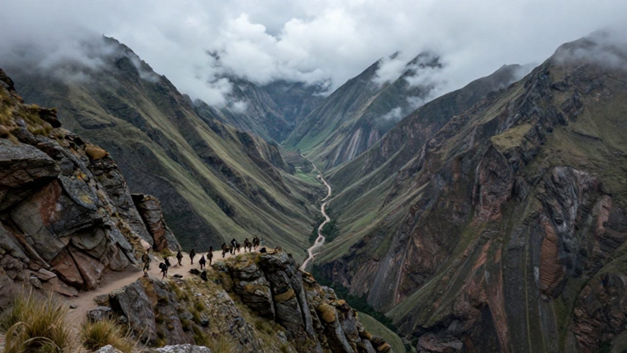 Soldados de la época de la independencia avanzan con dificultad por un estrecho y escarpado sendero entre los profundos valles y montañas neblinosas de la región de Pasco.