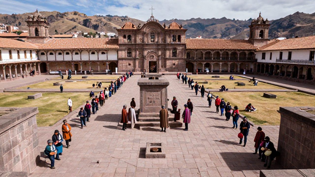 Reconstrucción histórica de una plaza administrativa en el Cusco incaico con funcionarios, mensajeros chasquis y trabajadores entre palacios de piedra y las montañas de los Andes.