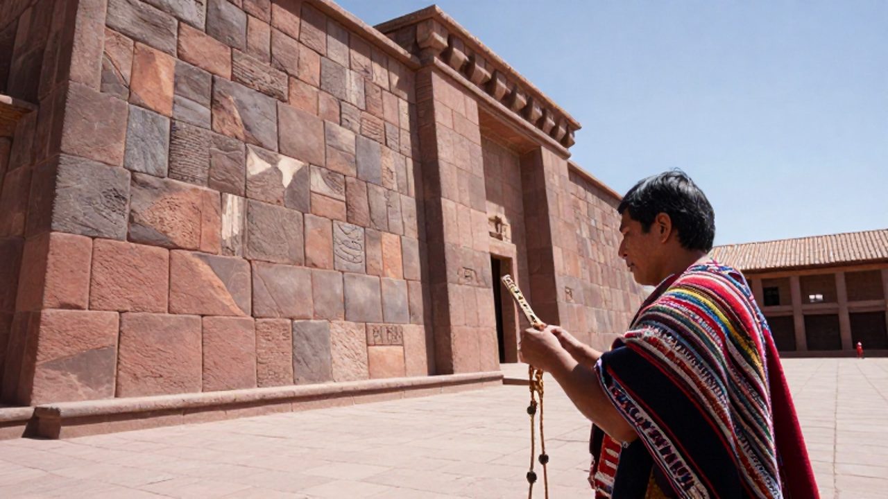 Un funcionario inca examina quipus en una plaza de Cusco rodeado de imponentes muros de piedra con arquitectura perfectamente ensamblada.