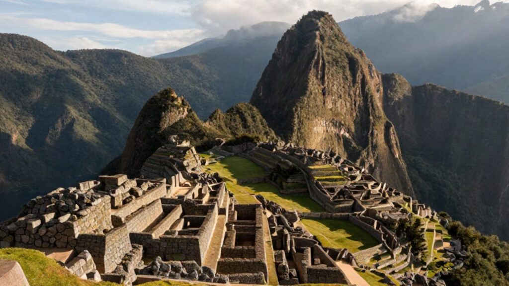 Vista aérea de una reconstrucción histórica de la ciudad del Cusco, destacando sus plazas y muros de piedra perfectamente encajados entre las montañas de los Andes.