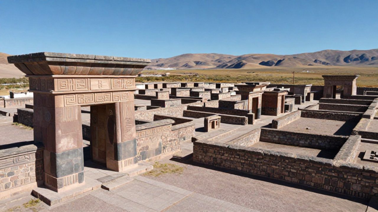 Comparativa entre un portal monumental de piedra de la cultura Tiwanaku y un complejo de muros organizados de estilo Wari en un paisaje andino.