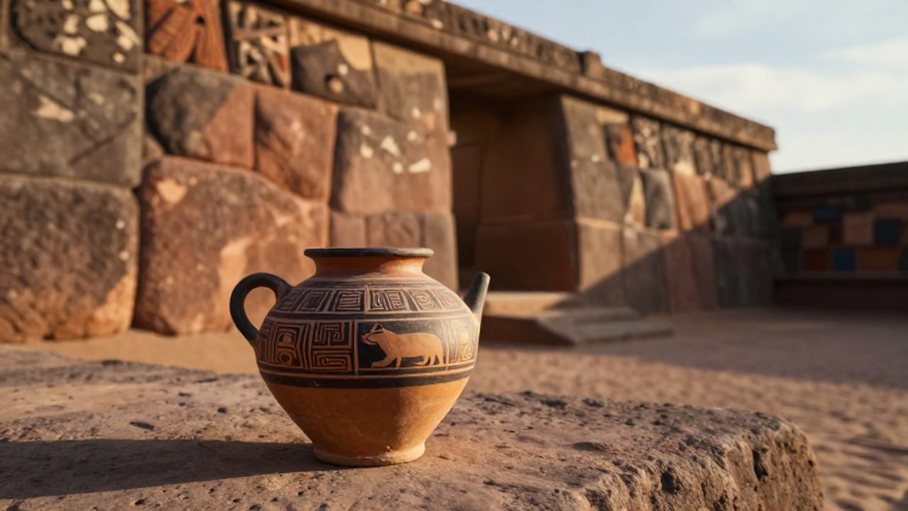 Cerámica andina con motivos geométricos de felinos junto a muros de piedra megalítica tallada en un centro ceremonial antiguo.