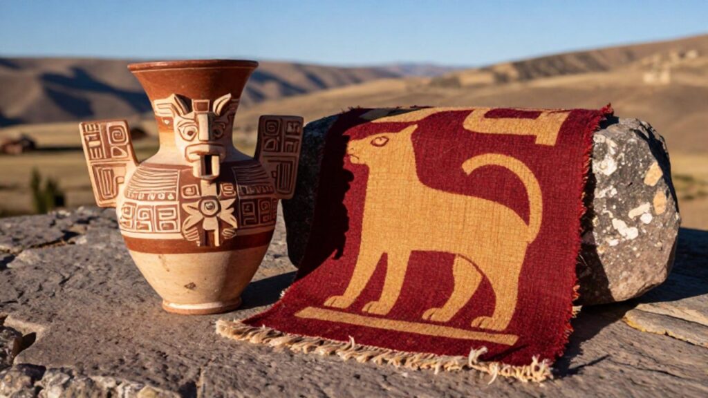Un recipiente cerámico polícromo con iconografía de una deidad Tiwanaku junto a un fragmento de textil Wari con motivos felinos sobre una superficie de piedra.