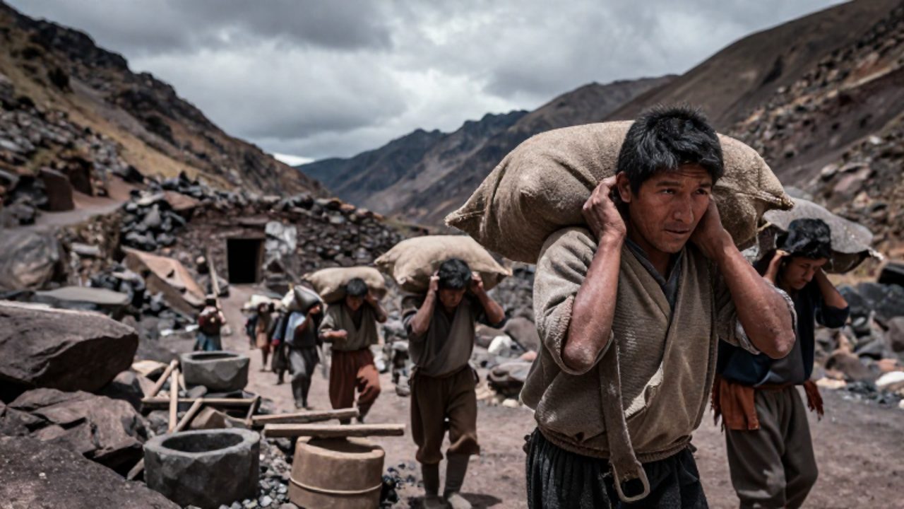 Trabajadores indígenas cargan pesados sacos de mineral en un entorno minero de alta montaña bajo un cielo nublado.