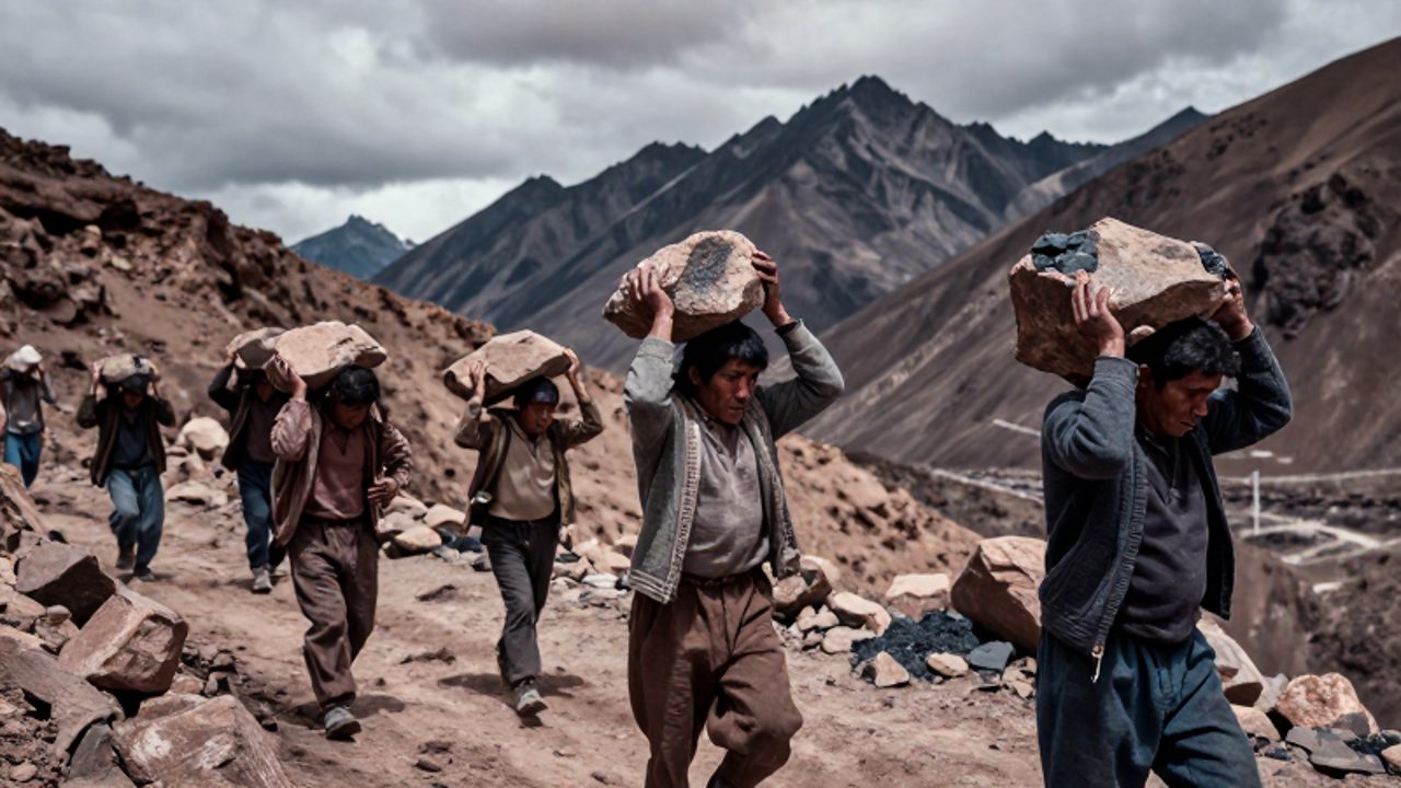 Trabajadores indígenas transportan piedras y minerales pesados en una zona de excavación entre las montañas de los Andes.