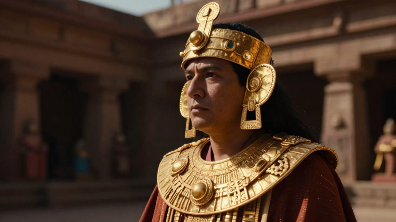 Un gobernante andino luce un pectoral y orejeras de oro detalladas en un entorno de templo sagrado.