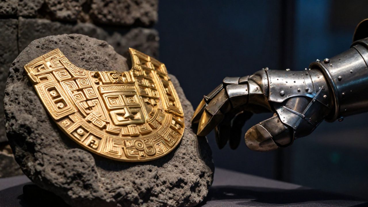 Un pectoral de oro con grabados precolombinos sobre una piedra volcánica junto a un guantelete de acero español que intenta alcanzarlo.