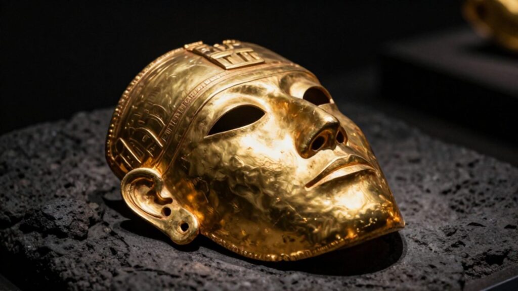 Máscara funeraria de oro con relieves detallados sobre una superficie de piedra oscura.
