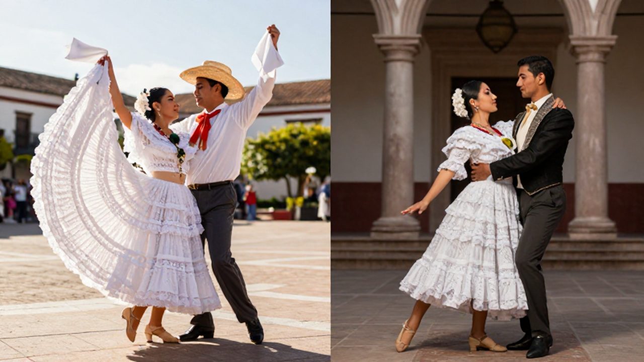 Composición dividida que muestra a una pareja bailando la Marinera Norteña con energía en una plaza soleada y a una pareja de Marinera Limeña con movimientos elegantes y sobrios en un patio colonial.