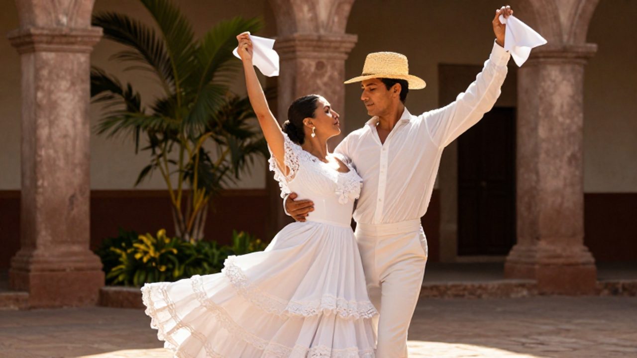 Pareja bailando marinera con pañuelos blancos en un patio colonial iluminado por el sol.