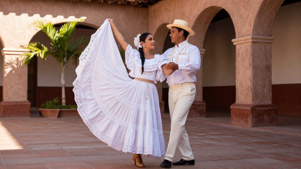 Pareja bailando marinera con trajes tradicionales blancos en un patio de estilo colonial iluminado por el sol.