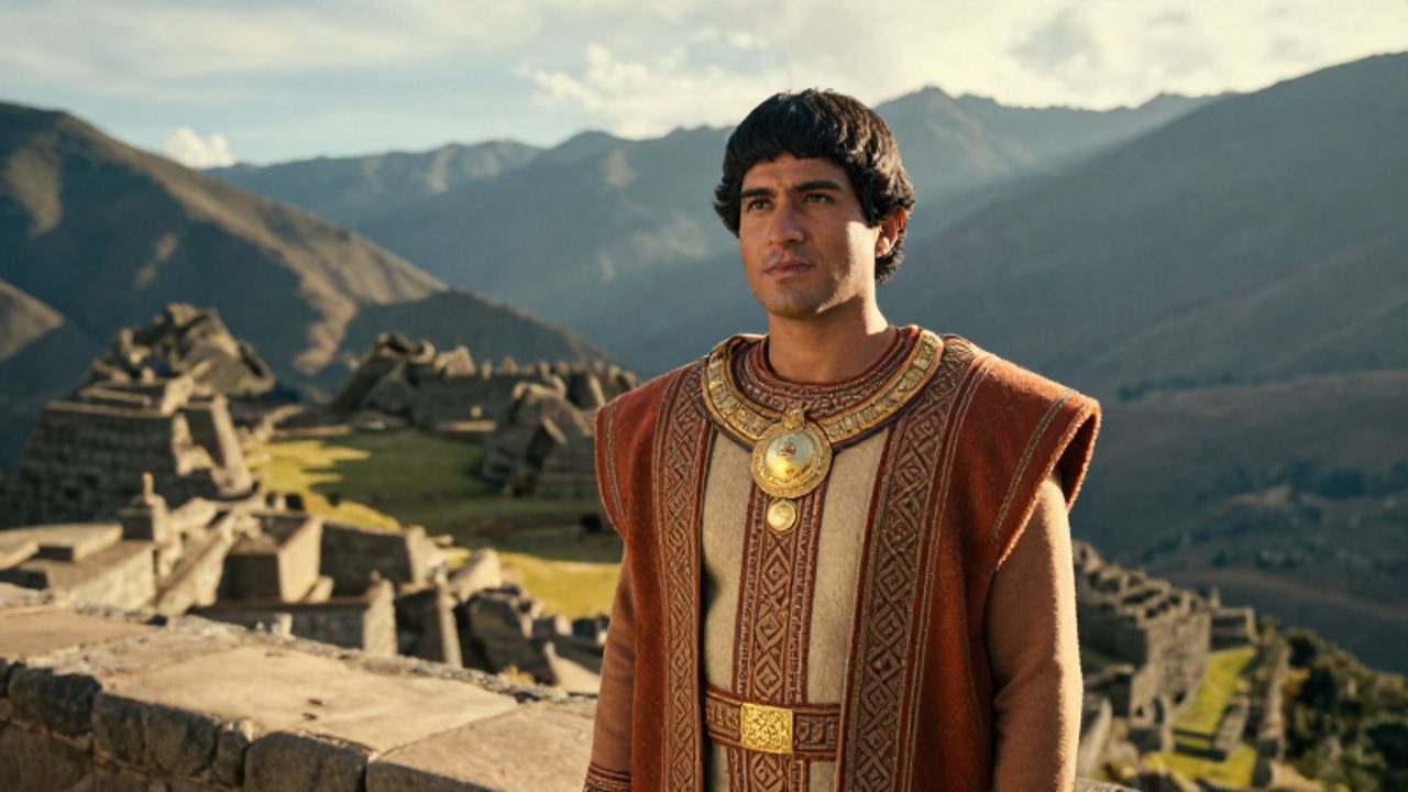 Un joven noble inca con vestiduras reales y adornos de oro observa con autoridad un valle andino desde una terraza de piedra.