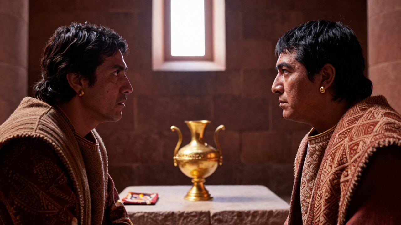 Dos nobles incas mantienen una mirada tensa y confrontativa en una cámara de piedra de un palacio cusqueño.