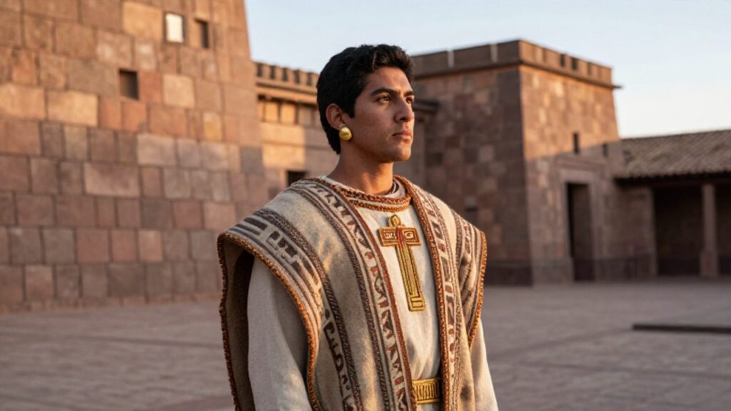 Un joven noble inca con vestiduras ceremoniales de lana y adornos de oro observa el horizonte en el patio de un palacio de piedra en Cusco.