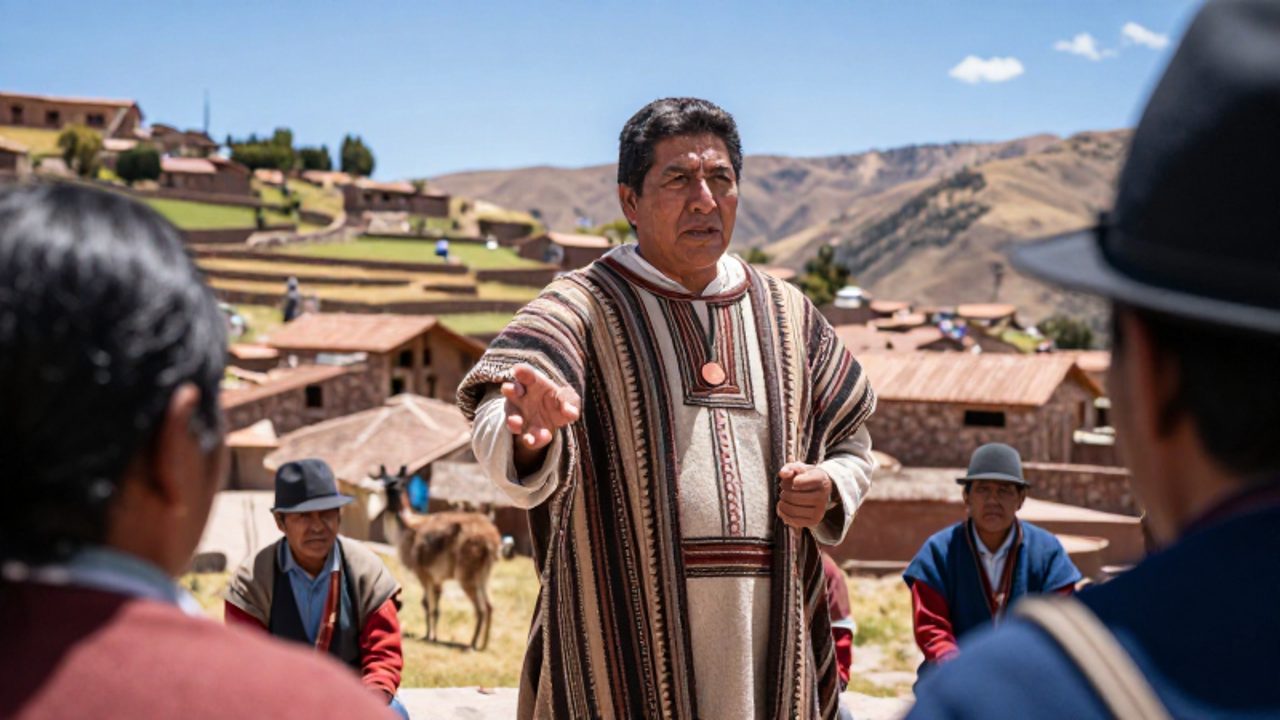 Un curaca con vestimentas tradicionales de alto rango media una conversación entre miembros de su comunidad y un mensajero imperial en un pueblo andino rodeado de terrazas agrícolas.