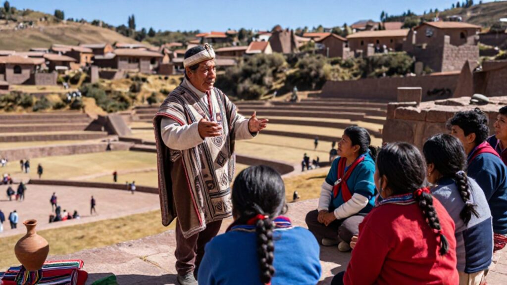 Un curaca con túnica de patrones geométricos media en una discusión frente a miembros de su comunidad en una terraza de piedra con un valle andino al fondo.