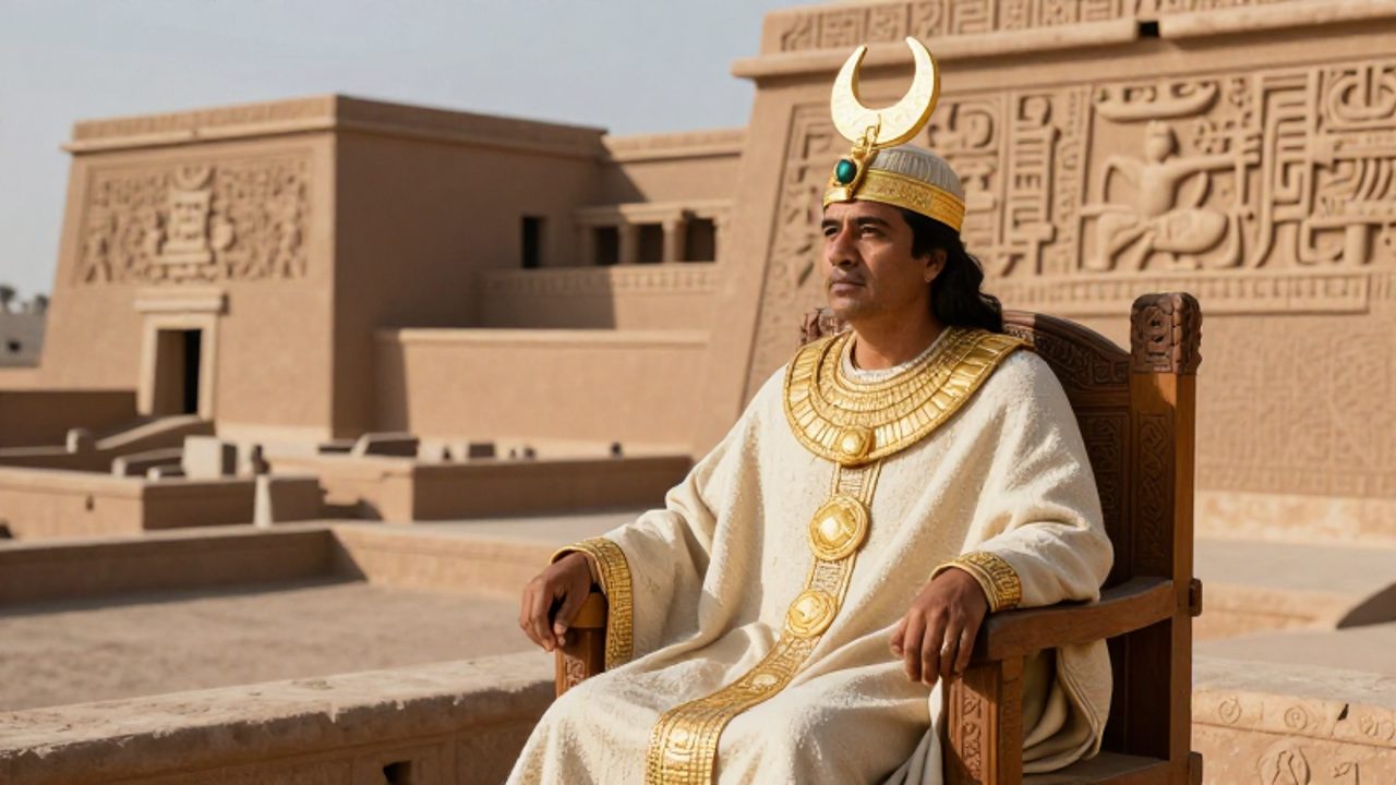 Un noble de la cultura Chimú con adornos de oro y un tocado ceremonial sentado en un trono de madera en un patio de la ciudad de Chan Chan.