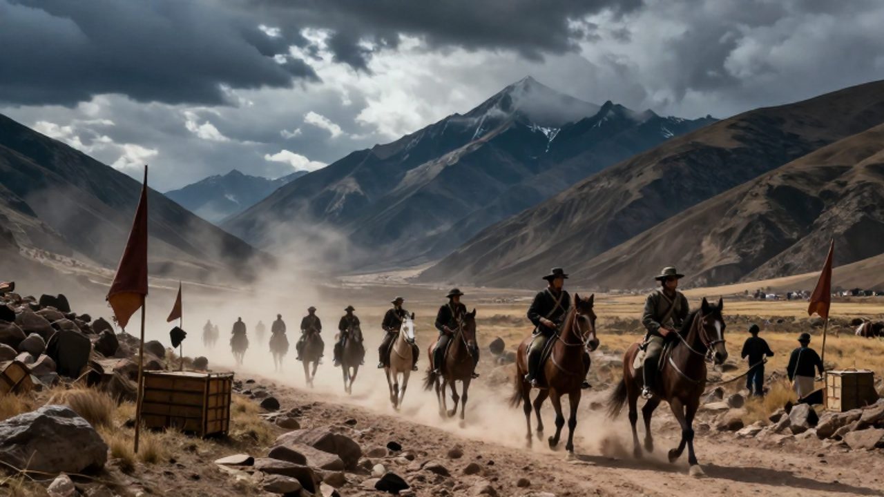 Soldados de caballería e infantería avanzan por un paso montañoso de los Andes peruanos bajo un cielo nublado.