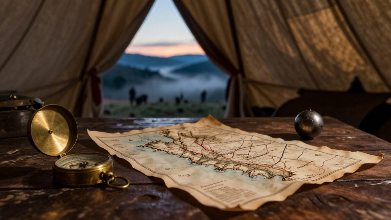 Mapa de la costa y la sierra peruana sobre una mesa junto a una brújula y una bala de mosquete, con un valle andino al amanecer de fondo.