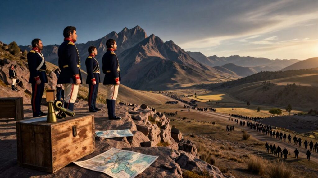 Oficiales de los ejércitos libertadores observan desde una cresta de los Andes el avance de las tropas por un valle durante las campañas de independencia.