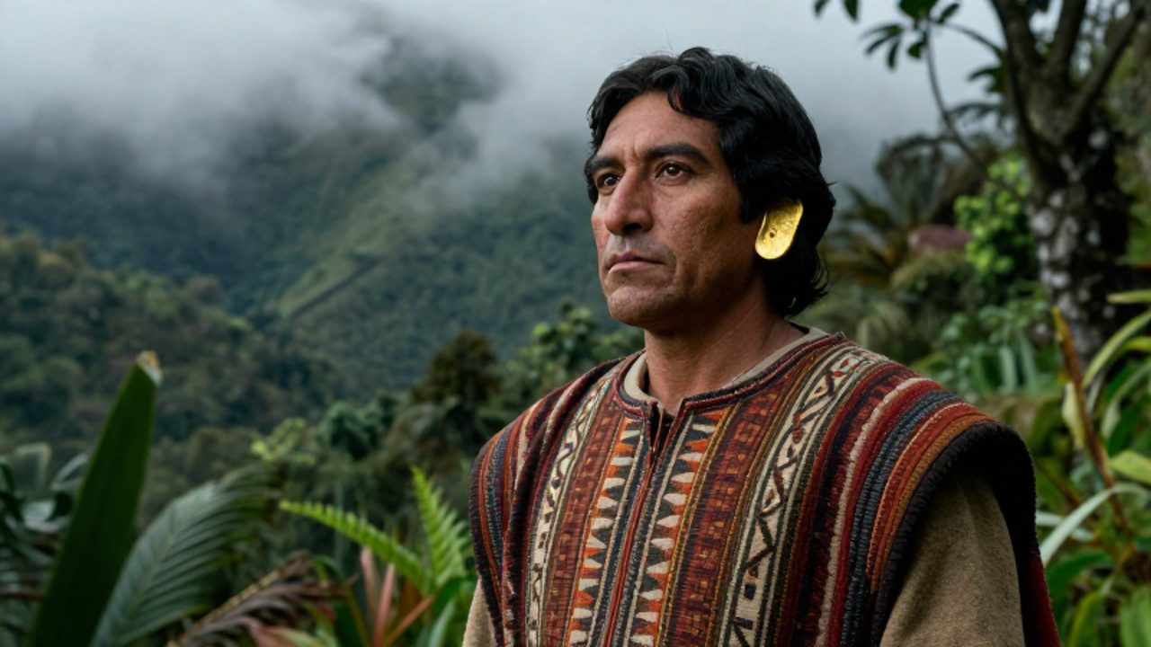 Retrato de Túpac Amaru I con vestimenta noble incaica frente a un paisaje de montañas y selva nublada en Vilcabamba.