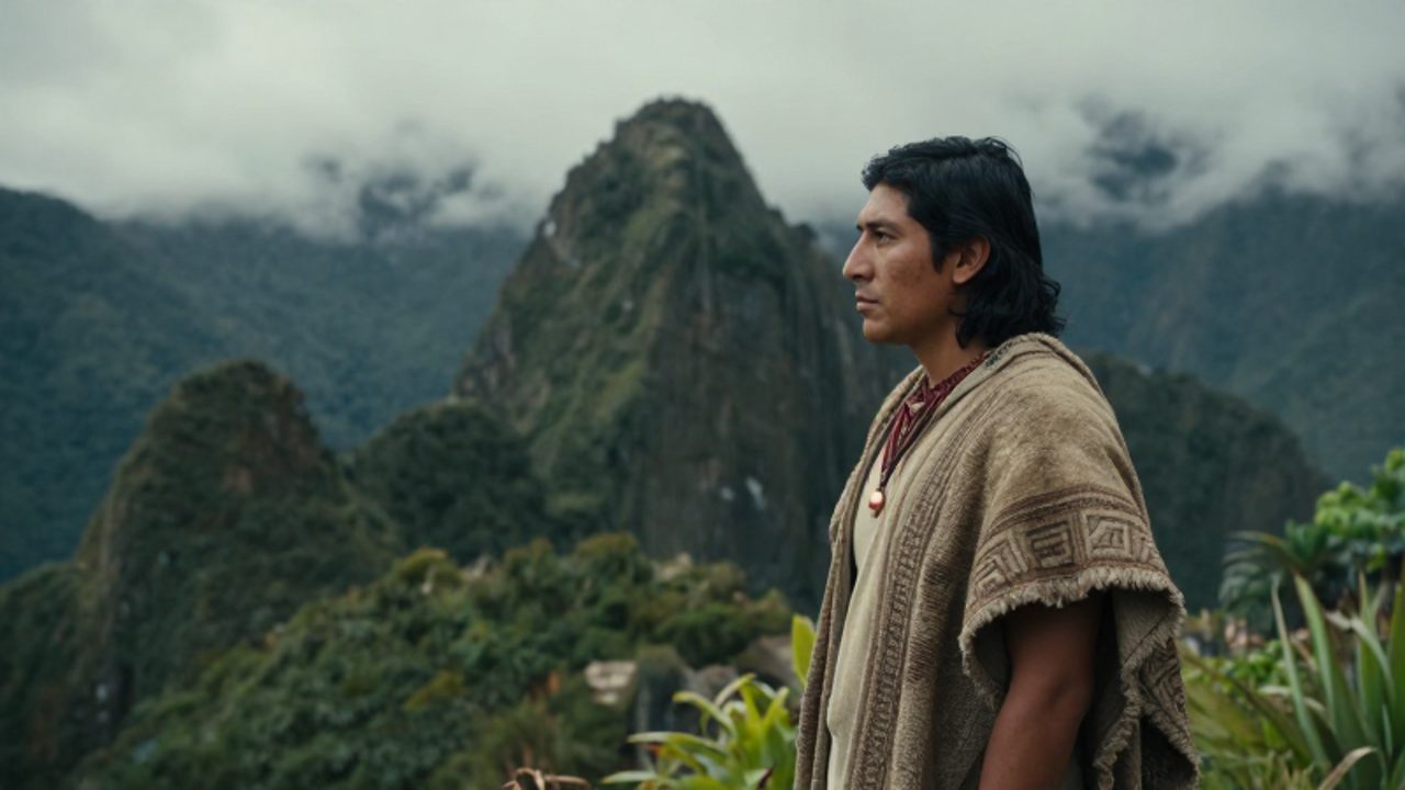 Un líder noble inca observa con determinación desde una cresta montañosa cubierta de niebla sobre un denso bosque nuboso andino.