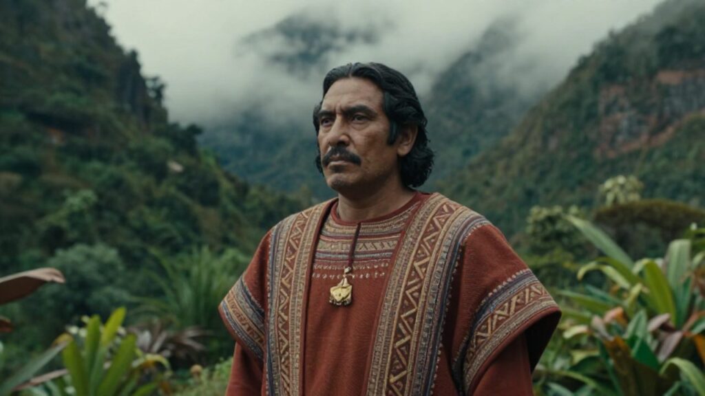 Retrato de un líder inca con vestimentas tradicionales y ornamentos dorados, observando con semblante solemne el paisaje montañoso y neblinoso de la selva de Vilcabamba.