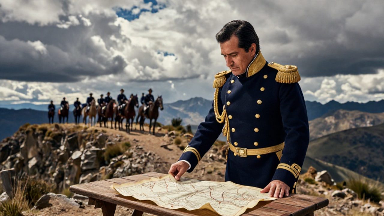 Un líder militar con uniforme del siglo XIX estudia un mapa sobre una mesa de campo en los Andes, mientras tropas de caballería se preparan al fondo.