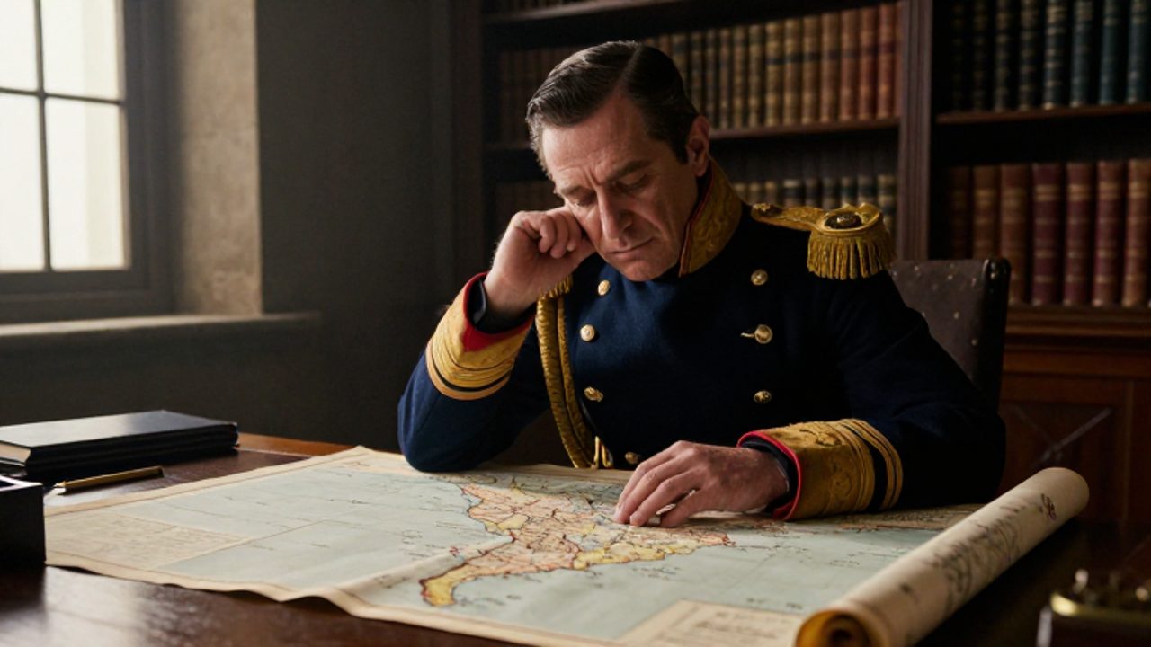 Un oficial militar de la época de la independencia, con uniforme azul y ornamentos dorados, estudia pensativo un mapa de los Andes sobre un escritorio de madera en una oficina de estilo colonial.