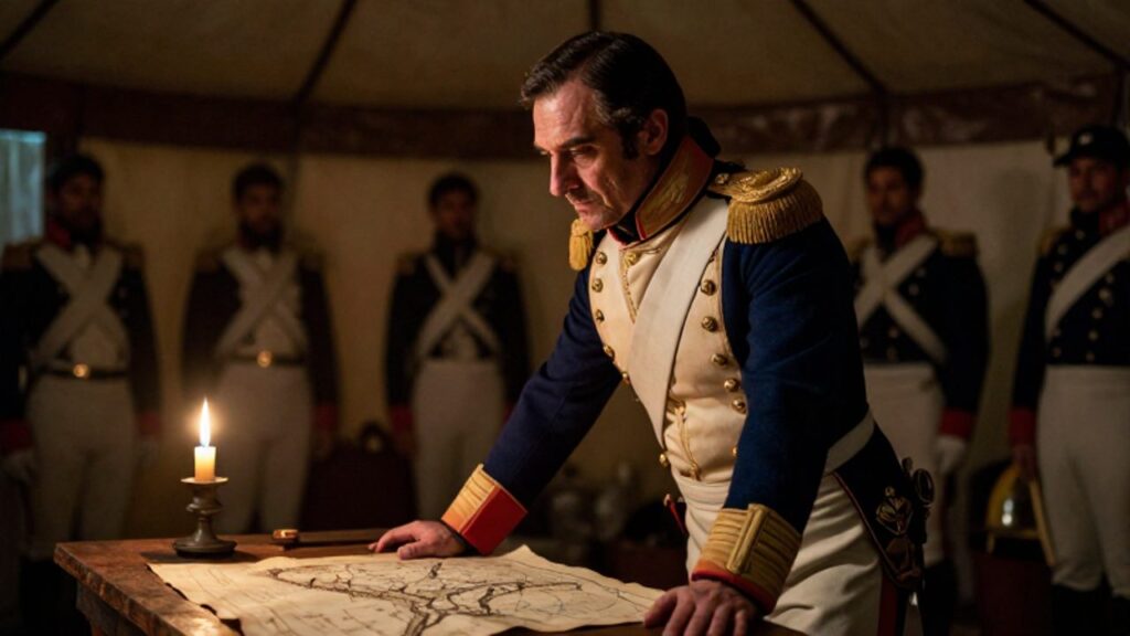 Simón Bolívar analiza mapas de la región andina sobre una mesa de madera dentro de una tienda de campaña militar.