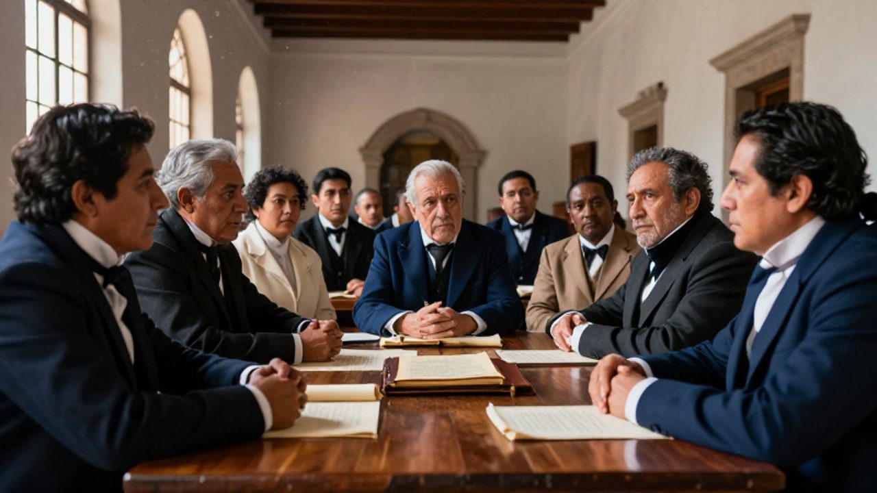 Hombres de distintos estratos sociales debaten con intensidad en una asamblea política dentro de un salón de estilo colonial con documentos sobre una mesa.