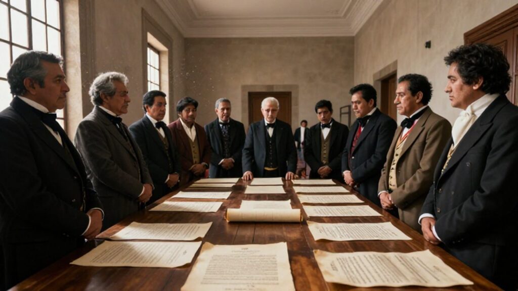 Grupo de hombres con vestimentas del siglo XIX reunidos alrededor de una mesa con documentos y una constitución en una cámara gubernamental peruana.