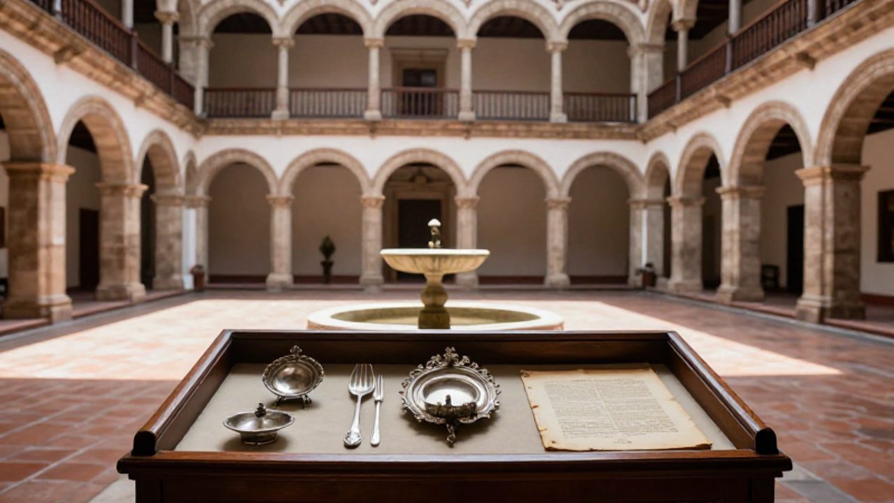 Objetos de plata y un documento antiguo expuestos en una vitrina frente al patio colonial de un museo en Lima.