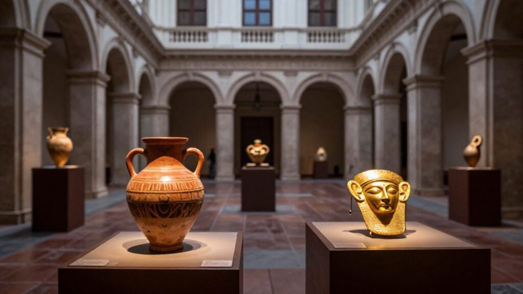 Cerámica moche y un ornamento de oro expuestos en un pedestal dentro de una elegante galería de estilo colonial.