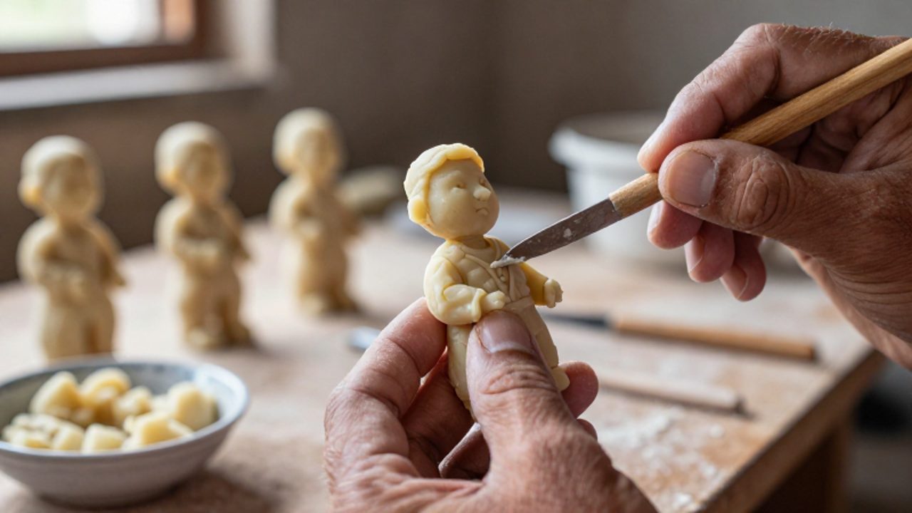Un artesano moldea con una pequeña herramienta de madera los detalles faciales de una figura minuciosa hecha de pasta de papa sobre un banco de trabajo.