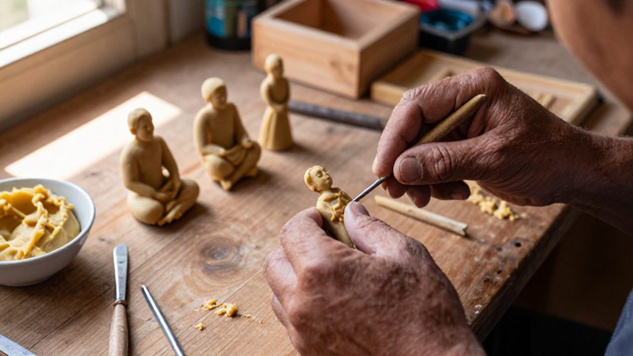 Manos de un artesano moldeando minuciosamente una figura pequeña con pasta de papa sobre un banco de madera en su taller.