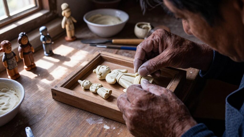 Manos de un artesano moldeando figuras diminutas con pasta de almidón dentro de un retablo ayacuchano de madera.