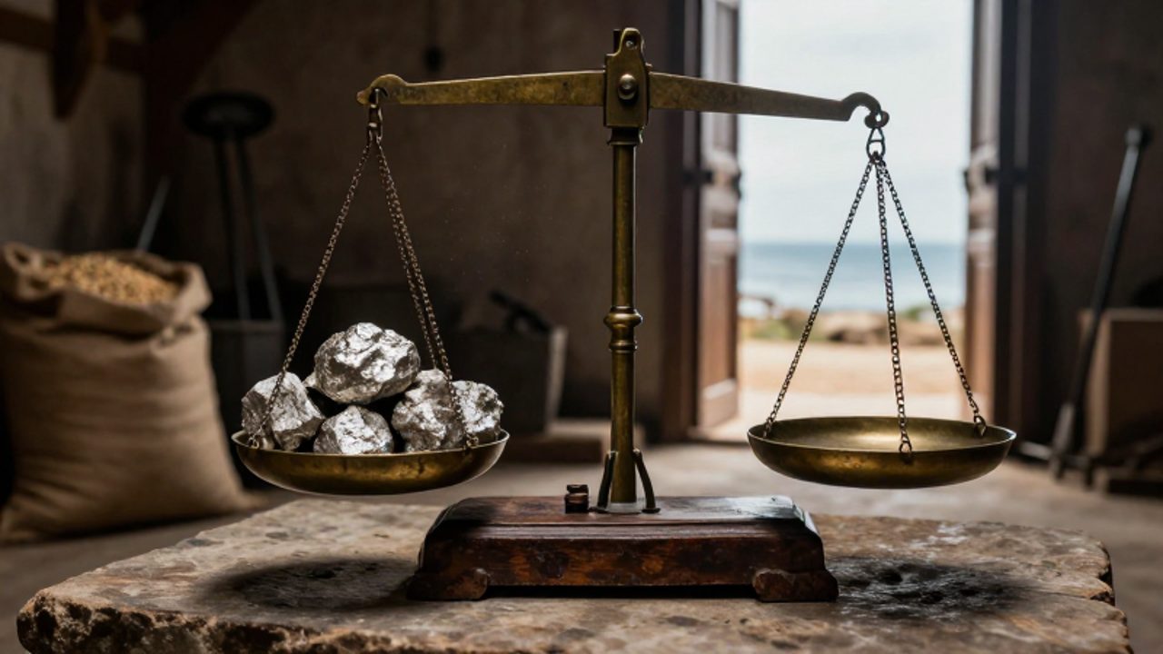 Una balanza antigua de madera y metal desequilibrada por una carga de mineral de plata sobre una superficie de piedra en un almacén colonial.