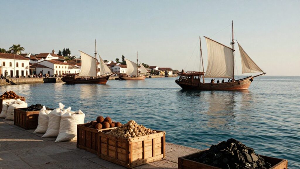 Puerto peruano del siglo XIX con cargamentos de productos agrícolas y minerales en el muelle frente a barcos mercantes con velas blancas anclados en el mar.