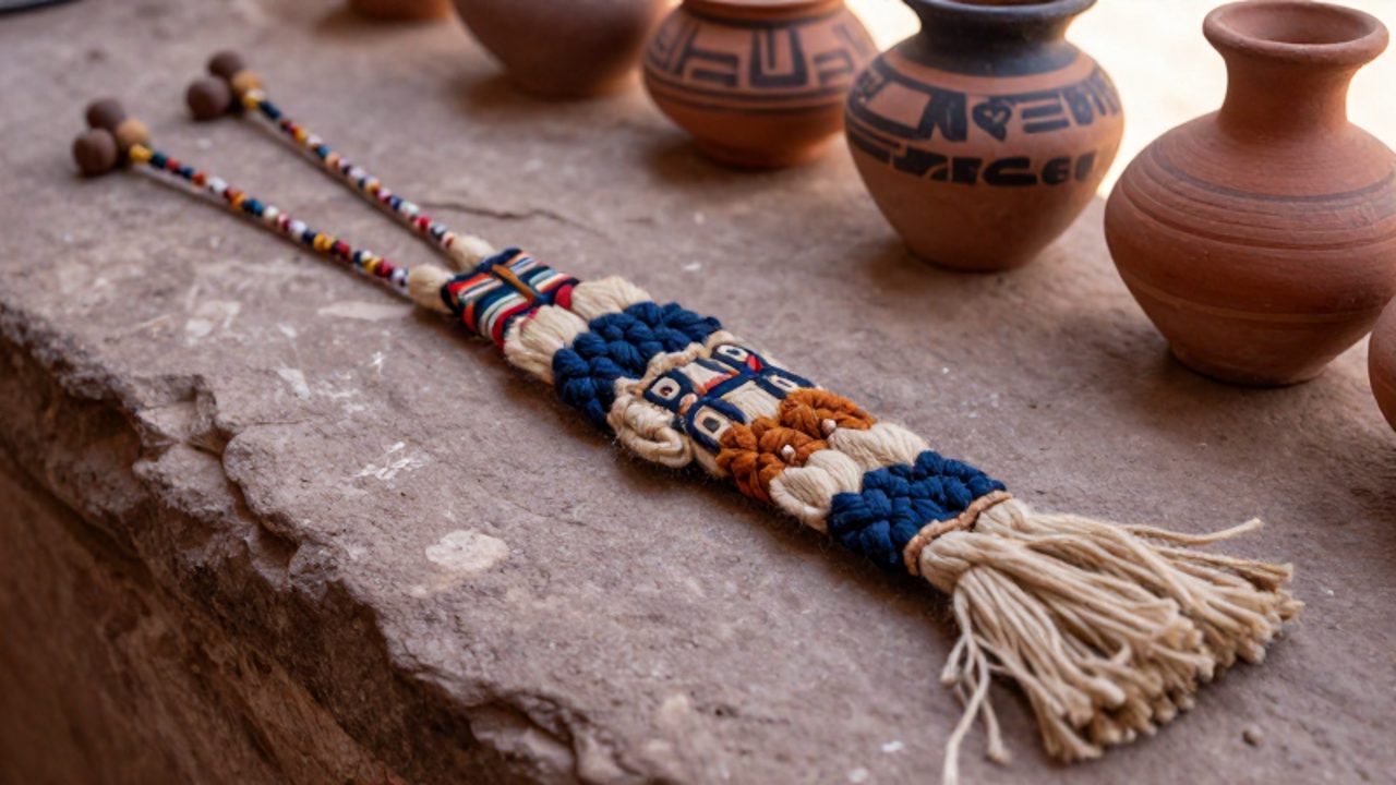 Un khipu de cuerdas anudadas de diversos colores sobre una superficie de piedra andina, junto a vasijas cerámicas antiguas de distintas culturas.